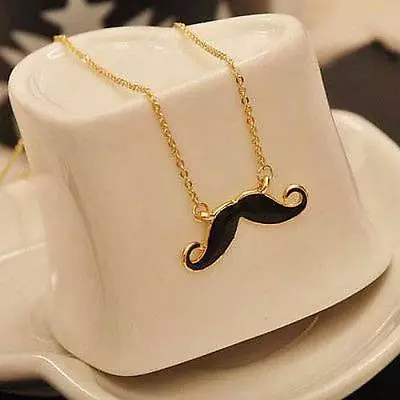 MUSTACHE NECKLACE 2  Black Enamel Charm Pendant 27  Chain Handlebar Moustache • $1.95