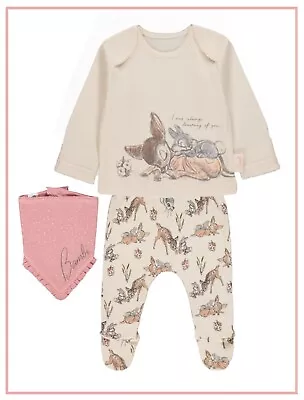 Girl Disney Tiny Baby & 0-3m Bambi Pyjamas & Bib 3pc Set Cream PJs Nightwear NEW • £10.99