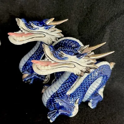 Vintage Yoshimi K Porcelain Dragon Pair In Cobalt Blue With Silver Accents Japan • $335