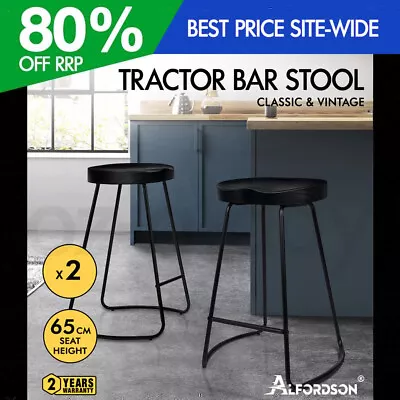 $139.95 • Buy ALFORDSON 2x Bar Stools 65cm Tractor Kitchen Wooden Vintage Chair Black