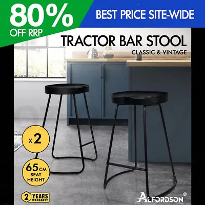 ALFORDSON 2x Bar Stools 65cm Tractor Kitchen Wooden Vintage Chair Black • $99.95