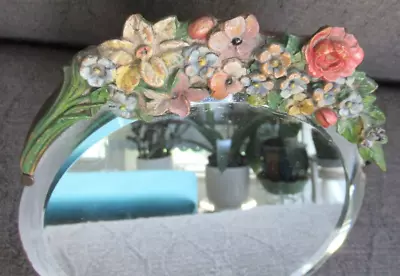 Vintage Art Deco Syroco Beveled Table Mirror With Molded Floral Spray • $20.50