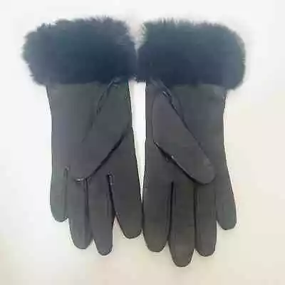 Womens Real Leather Gloves With Rabbit Fur Cuffs Sheepskin Mittens Black Sz 7 • $39.97