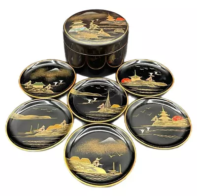 Japan Inlaid Abalone Black Lacquer Mt. Fuji Pagoda 6 Coasters & Decorative Box • $20