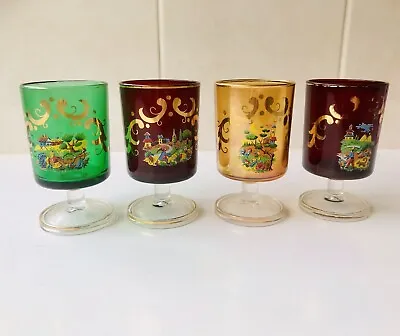 4 Vintage Harlequin Glass Country Scenes Pattern Sherry Glasses - France 1950’s • $29