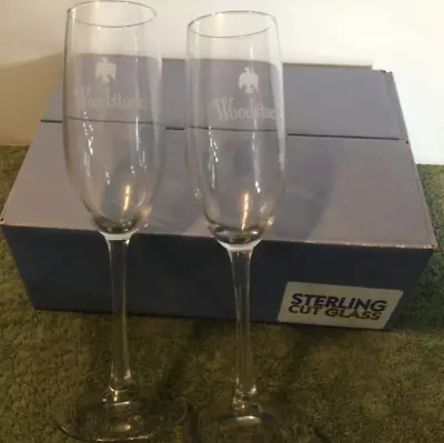 Set Of 2 Vintage Etched Sterling Cut Glass Champagne Flutes Woodstock Eagle • $15