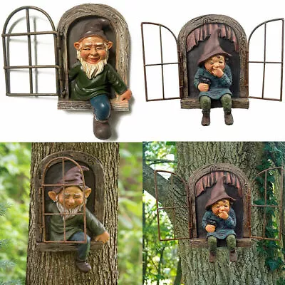 Garden Ornaments Gnome Statue Elf Out The Door Tree Hugger Peeker Yard Art Tree • £8.48