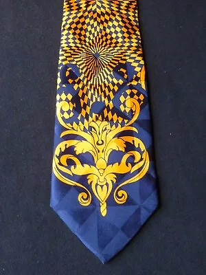 Versace V2 Blue & Gold Psychedelic Checkerboard Silk Tie MI Italy • $49.99