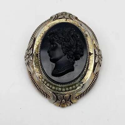 Vintage Black Cameo Brooch Left Facing Silhouette Victorian Mourning Style • $10