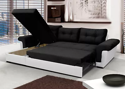 Corner Sofa In Black Fabric White Faux Leathe. L Shaped Double Bed. • £669