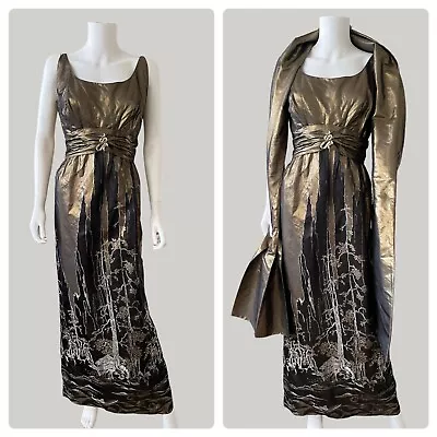 Vintage Malcolm Starr Silk Metallic  Silk Threaded Asian Scene Dress. RARE • $400