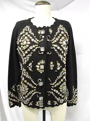 Vintage Michael Simon Cardigan Sweater Black Gold Silver Beaded Ornate Sz 1 M L • $59.99