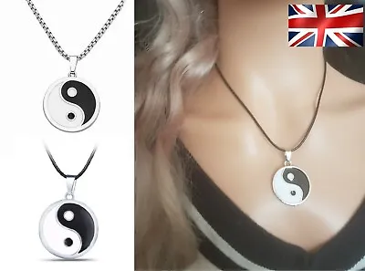 Yin/Ying Yang/Feng Shui Charm Pendant Necklace Black Leather Cord Silver UK  • £3.89