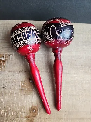 Wooden Maracas Hand Painted Carved  Percussion Shaker Pair Nicaragua Red • $10