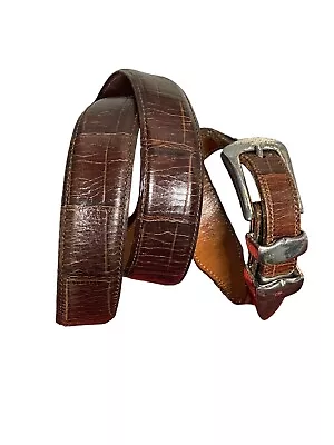 Martin Dingman Men Belt 36 Brown Handmade Italy Leather Croc Print Brass Buckle • $21.89