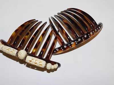 Vtg French Faux Tortoise Shell 2 Celluloid Hair Combs W / Rhinestones • $20