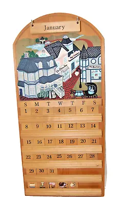 Wooden Perpetual Wall Calendar Hand Painted  Old Colonial Town  Vintage   M5161 • $79.99