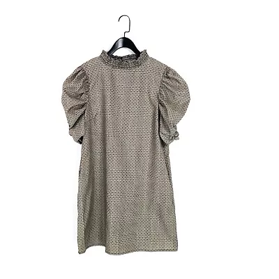 Zara Beige Black Burgundy Polka Dot Check Puff Sleeve A-Line Dress - Size M • £20
