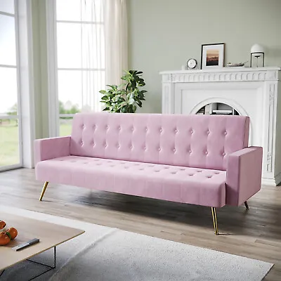 3 Seater Pink Sofa Bed Luxury Velvet Nonwovens New Foam Contrast Gold Metal Legs • £188.98