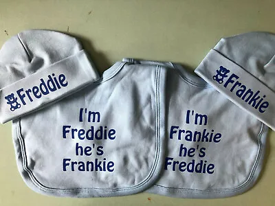 Personalised Newborn Hat & Bib Set Blue/pink Boys/girls Baby Shower Gift Twins • £12