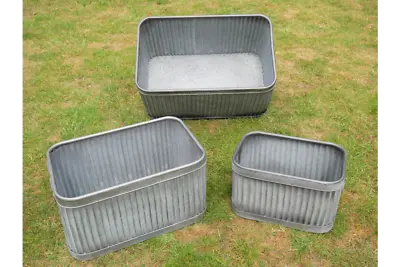 3 Vintage Galvanised Large Metal Ribbed Rectangle Planter Plant Pot Garden • £124.90