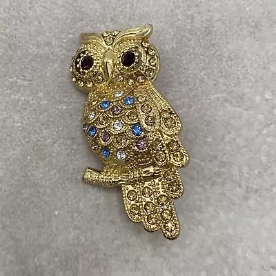 Monet Rhinestone Owl Brooch Pin Vintage 2 Inch Gold Tone Blue Signed No Box • $12