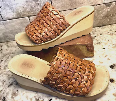 VTG 1980s 1990s BASS Woven Braided Tan Mule Slide Sandals Rubber Wood Wedge 7 ~8 • $28