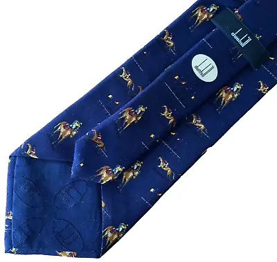 Dunhill Pure Silk Tie 10cm Blue Horse Racing Races Necktie Made In Italy • £32