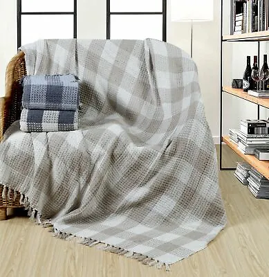 100% Cotton Check Waffle Throw Blanket For Sofa Bed Checked Large With Tassel • £14.99