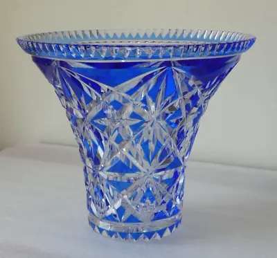 £50 • Buy Vintage Glass Crystal Cut To Clear Blue Overlay Large Vase, 20cm Tall