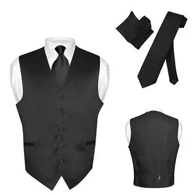 Men's Dress Vest NeckTie Hanky Solid BLACK Color Neck Tie Set For Suit Or Tux XS • $24.95