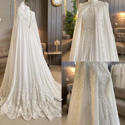 Muslim White Wedding Dresses Lace Applique Long Sleeves With Cape Bridal Gowns • $168.90