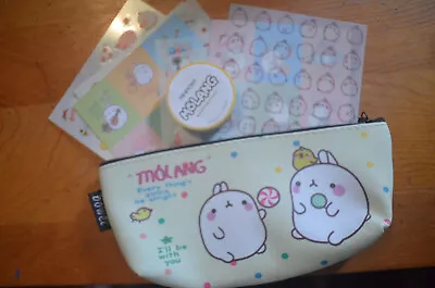 Korean Molang The Happy Rabbit  Zipper Pencil Case Cosmetic Pouch Stickers NWOT • $9