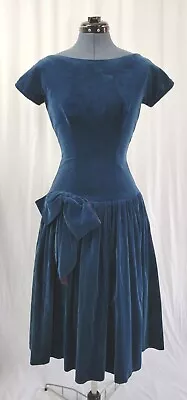 Vintage Blue Velvet Dress W Drop Waist Gathered Skirt & Petticoat Size 11 • $24.99