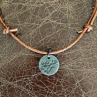 ABERCROMBIE And & FITCH Vintage Leather Necklace RARE Metal Coin Moose Pendant • $24.99