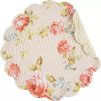 WHITNEY Quilted Reversible Round C&F Placemat - Coral Blue Green White Beige • $10.50