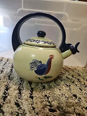 Vintage Villeroy & Boch Enamel Pot Tea Kettle Roosters Blue Handle **Read** • $44.99