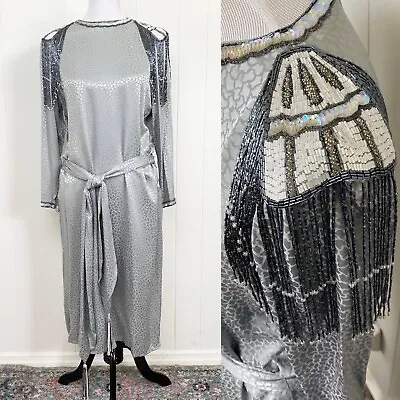 VTG 80's Francesca Damon Starington Sz 6 Gray Silk Beaded Tie Midi Sheath Dress • $69.99