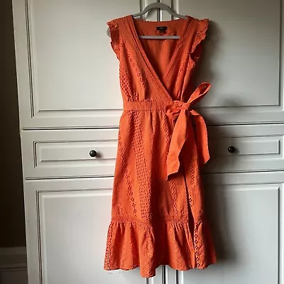 J Crew All Over Eyelet Wrap Midi Dress Size 4 Resort Orange Ruffle Belted • $29