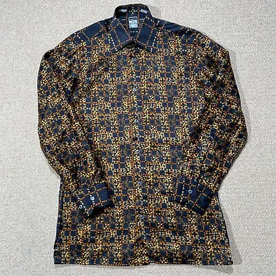 VINTAGE 1970s Disco Shirt Mens Small Black Patterned 70s 80s Polyester Button Up • £24.99