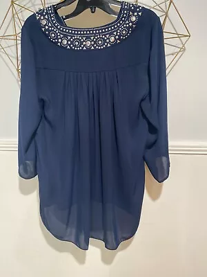 Michael Kors Navy Tunic Style Blouse With Silver Beading On Front/back Sz Medium • $14.99