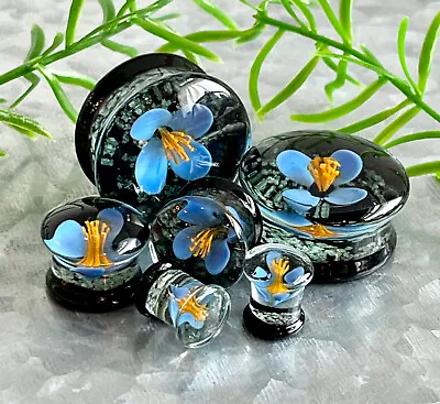 PAIR Floating Blue Flower Pyrex Glass Double Flare Plugs Gauges Body Jewelry • $17.95