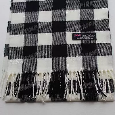 Men's 100% CASHMERE Black/White Square Check Tartan Plaid Scarf MADE IN SCOTLAND • $7.99