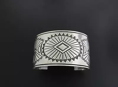 Vintage Mans Heavy Wide Embossed Sterling Silver Bracelet By Navajo Artist • $395