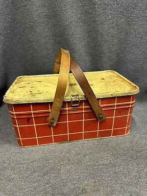 Vintage Picnic Basket Carrier Wood Handles Golden Cookies Tin Red Plaid • $47.20