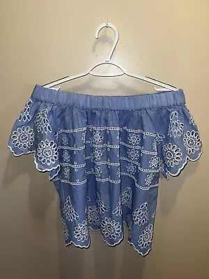 Mud Pie Size M Eyelet Scalloped Off Shoulder Blue Country Summer Blouse Top • $14.82