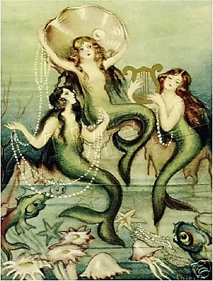 3 Victorian Pearl Mermaids Fairy Fantasy Antique Era Vintage Canvas Art Print • $29.60