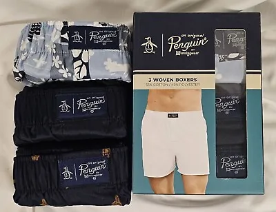 Penguin By Munsingwear 3 Pk Woven Boxers XL Blue Hawaiian Solid & Print W/ Fly • $29.77