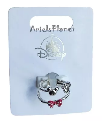 Disney Parks Mickey Minnie Mouse & Red Bow Gold Silver Toned Adjustable Ring Set • $29.99