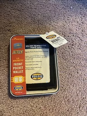 NWT Fossil Black Leather Magnetic Money Clip Front Pocket Wallet W/Fossil Tin • $29.99